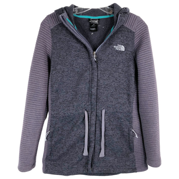North Face Small Indi Jacket Gray Blue Ribbed Sleeve Fleece Lined‎ Full Zip 1324 - Picture 1 of 9